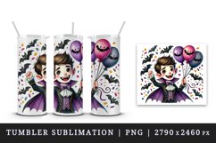 Watercolor vampire holding bunch of balloons bats confetti Halloween print 20 oz tumbler skinny mug wrap clipart t-shirt sublimation printable design