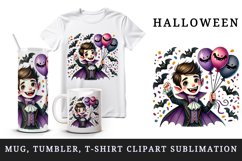 Watercolor vampire holding bunch of balloons bats confetti Halloween print 20 oz tumbler skinny mug wrap clipart t-shirt sublimation printable design