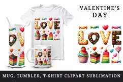 Watercolor vibrant word Love sweet dessert cookie quote Valentine Day print 20 oz tumbler skinny mug wrap clipart t-shirt sublimation printable design