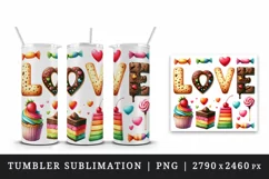 Watercolor vibrant word Love sweet dessert cookie quote Valentine Day print 20 oz tumbler skinny mug wrap clipart t-shirt sublimation printable design
