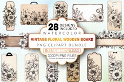 Watercolor Vintage Floral Wooden Board Clipart Bundle Product Image 1