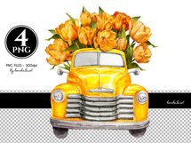 Vintage yellow pickup truck, flower, retro, cartoon, spring, 50s, tulip flowers bouquet, easter truck clipart, Farm clipart, Watercolor clipart, sublimation designs, Watercolor Vintage art, old truck watercolor, watercolor pickup truck, old car, village, 