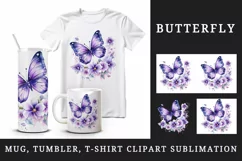 Watercolor violet butterfly floral sparkle flowers insect diamonds 20 oz tumbler skinny mug wrap clipart t-shirt sublimation printable design