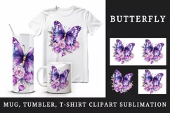 Watercolor violet pink butterfly floral sparkle flowers insect diamonds 20 oz tumbler skinny mug wrap clipart t-shirt sublimation printable design