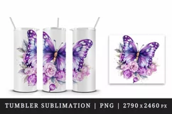 Watercolor violet pink butterfly floral sparkle flowers insect diamonds 20 oz tumbler skinny mug wrap clipart t-shirt sublimation printable design