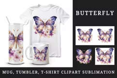 Watercolor violet pink gold butterfly floral sparkle flowers insect diamonds 20oz tumbler skinny mug wrap clipart t-shirt sublimation printable design