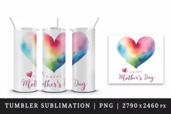 Watercolor vividly colored heart Happy Mother Day greeting quote print 20 oz tumbler skinny mug wrap clipart t-shirt sublimation printable design