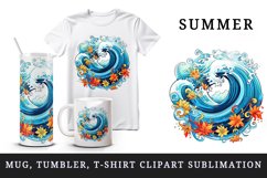 Watercolor wave illustration with colorful flowers and splashes summer print 20oz tumbler skinny mug wrap clipart t-shirt sublimation printable design