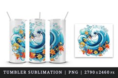 Watercolor wave illustration with colorful flowers and splashes summer print 20oz tumbler skinny mug wrap clipart t-shirt sublimation printable design