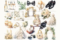 Watercolor ivory illustrations and cliparts of wedding candles, champagne bottles and champagne glasses, wedding arches, wedding cake, wedding dresses, black wedding shoes, wedding balloons, gold wedding rings, black cufflinks, black butterfly