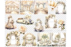 Watercolor ivory illustrations and clip arts of wedding scenes with ceremonial halls, wedding arches, wedding retro limousine, wedding tables with dishes and candles, white roses, wedding cake, wedding balloons