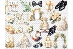 Watercolor ivory illustrations and cliparts of wedding candles, champagne bottles and champagne glasses, wedding arches, wedding cake, wedding dresses, black wedding shoes, wedding balloons, gold wedding rings, black cufflinks, black butterfly