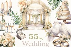 Watercolor ivory illustrations and cliparts of wedding candles, champagne bottles and champagne glasses, wedding arch, wedding cake, wedding ring in a box, wedding doves on a branch, wedding roses, golden wedding rings