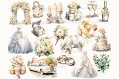 Watercolor ivory illustrations and cliparts of wedding candles, champagne bottles and champagne glasses, wedding arch, wedding cake, wedding ring in a box, wedding doves on a branch, wedding roses, golden wedding rings