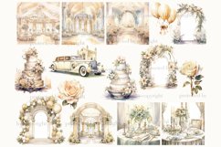 Watercolor ivory illustrations and clip arts of wedding scenes with ceremonial halls, wedding arches, wedding retro limousine, wedding tables with dishes and candles, white roses, wedding cake, wedding balloons