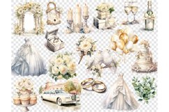 Watercolor ivory illustrations and cliparts of wedding candles, champagne bottles and champagne glasses, wedding arch, wedding cake, wedding ring in a box, wedding doves on a branch, wedding roses, golden wedding rings