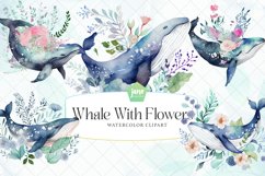 Whale With Flower Watercolor Sublimation Clipart Product Image 1