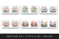 Watercolor whimsical drawing of a flower garden with cute details design wrap sublimation bundle for customize your mug