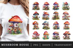 Watercolor whimsical mushroom house with a garden sublimation print designs and clipart bundle