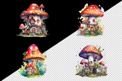 Watercolor whimsical mushroom house with a garden sublimation print designs and clipart bundle