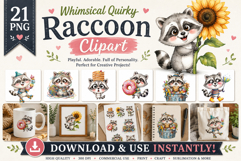 Whimsical Quirky Raccoon Clipart Bundle | 21 PNG Files Product Image 1
