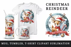Watercolor whimsical reindeer red scarf round Merry Christmas quote print 20 oz tumbler skinny mug wrap clipart t-shirt sublimation printable design
