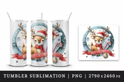 Watercolor whimsical reindeer red scarf round Merry Christmas quote print 20 oz tumbler skinny mug wrap clipart t-shirt sublimation printable design