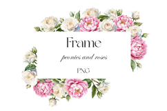 Watercolor white roses and peonies frame