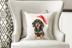 Festive dachshund artwork painted with soft watercolor texture, detailed facial features and classic red, white, black and tan colours.