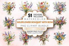 Watercolor Wildflower Bouquet with Bow Clipart Bundle Product Image 1