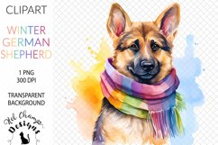 Watercolor winter cute german shepherd dog rainbow sublimation clipart transparent png