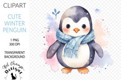 Watercolor winter penguin blue scarf sublimation clipart transparent