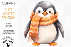 Watercolor winter penguin orange scarf sublimation clipart tranparent