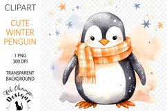 Watercolor winter penguin orange scarf sublimation clipart tranparent