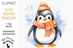 Watercolor winter penguin orange scarf sublimation clipart tranparent
