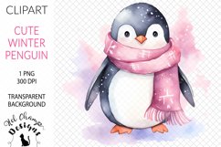Watercolor winter penguin pink scarf sublimation clipart tranparent