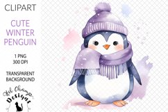 Watercolor winter penguin purple scarf sublimation clipart transparent