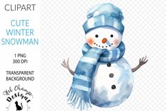 Watercolor winter snowman blue scarf hat sublimation clipart transparent