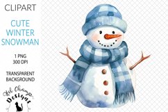 Watercolor winter snowman blue scarf hat sublimation clipart transparent