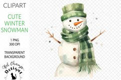 Watercolor winter snowman green scarf hat sublimation clipart transparent