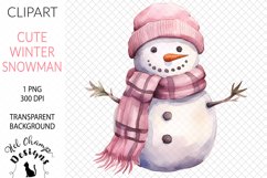 Watercolor winter snowman pink scarf hat sublimation clipart transparent