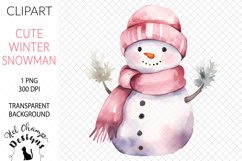 Watercolor winter snowman pink scarf hat sublimation clipart transparent