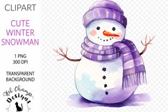 Watercolor winter snowman purple scarf hat sublimation clipart transparent