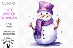 Watercolor winter snowman purple scarf hat sublimation clipart transparent
