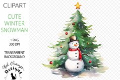 Watercolor winter snowman with tree sublimation clipart transparent