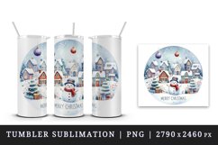 Watercolor winter snowy village cute snowman Merry Christmas quote print 20 oz tumbler skinny mug wrap clipart t-shirt sublimation printable design