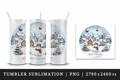 Watercolor winter snowy village cute snowman Merry Christmas quote print 20 oz tumbler skinny mug wrap clipart t-shirt sublimation printable design