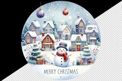 Watercolor winter snowy village cute snowman Merry Christmas quote print 20 oz tumbler skinny mug wrap clipart t-shirt sublimation printable design