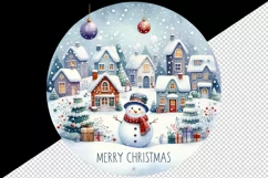 Watercolor winter snowy village cute snowman Merry Christmas quote print 20 oz tumbler skinny mug wrap clipart t-shirt sublimation printable design