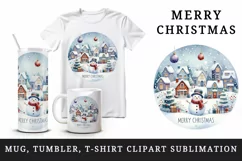 Watercolor winter snowy village cute snowman Merry Christmas quote print 20 oz tumbler skinny mug wrap clipart t-shirt sublimation printable design